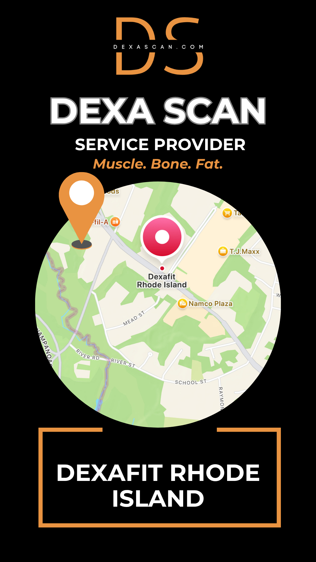 Map of DexaScan location with branding and text on a black background