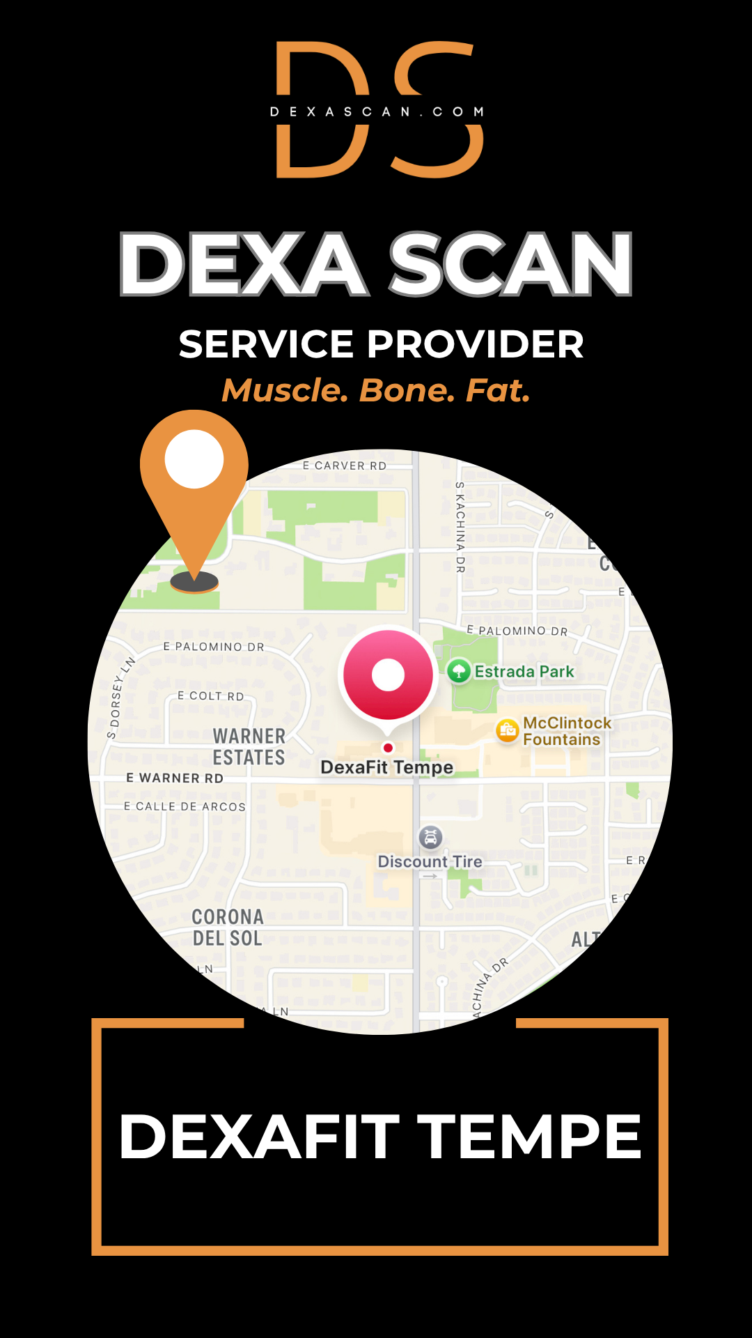 Dexa Scan service provider advertisement with map and branding elements.