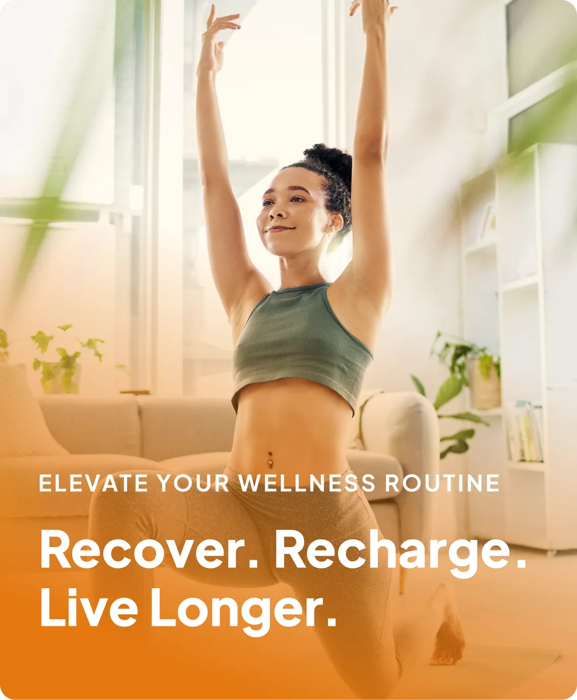Woman exercising in a bright living room with text promoting wellness.