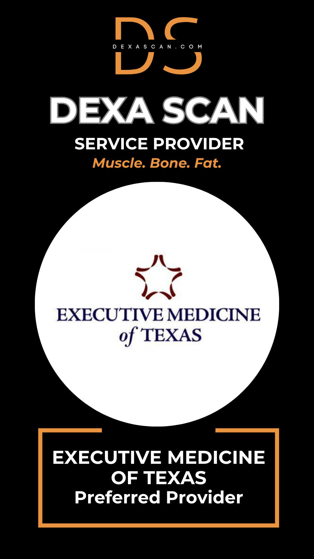 Dexa Scan service provider logo with Executive Medicine of Texas on a black background