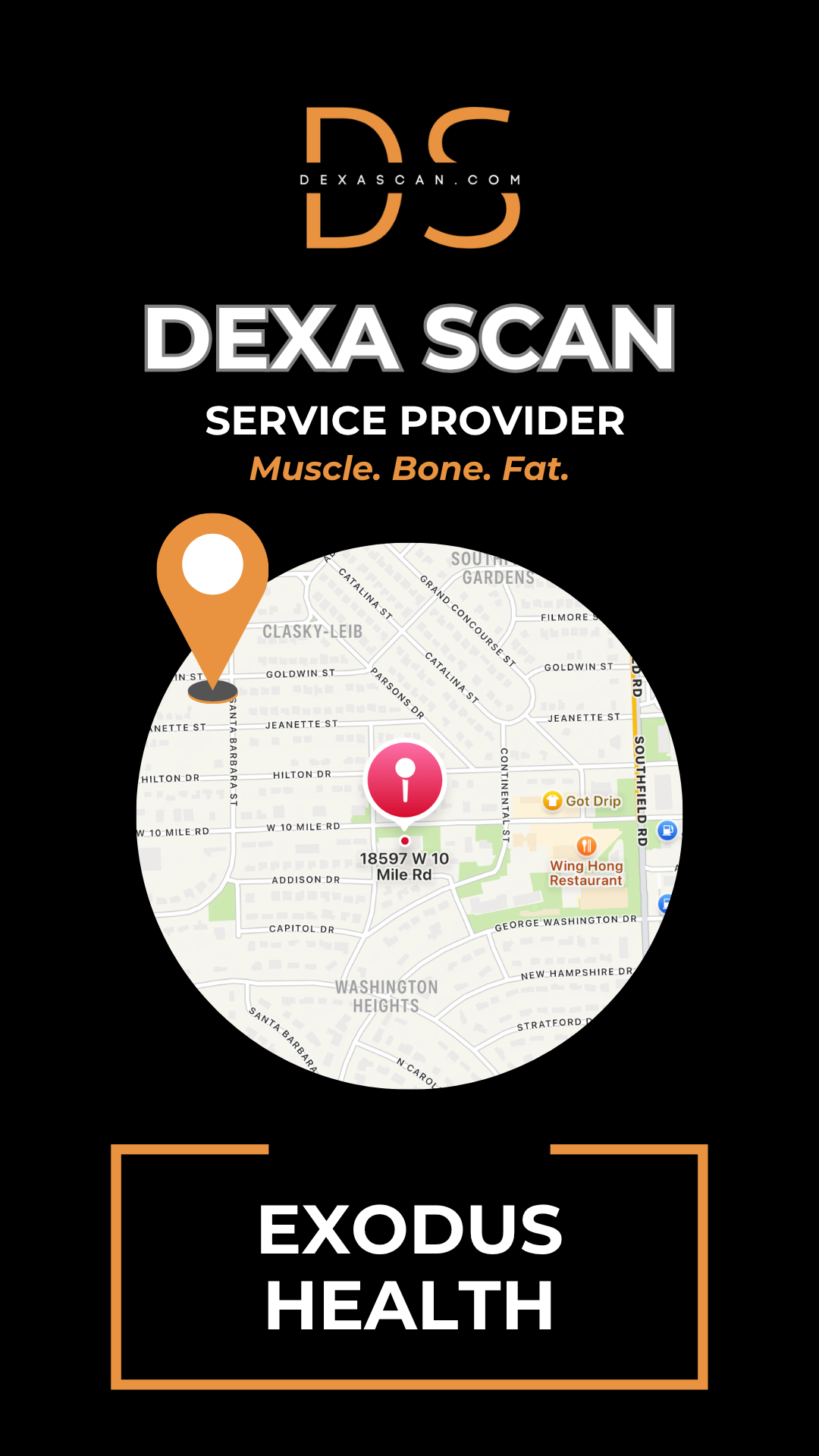 DEXA Scan service provider advertisement with map and branding elements on a black background