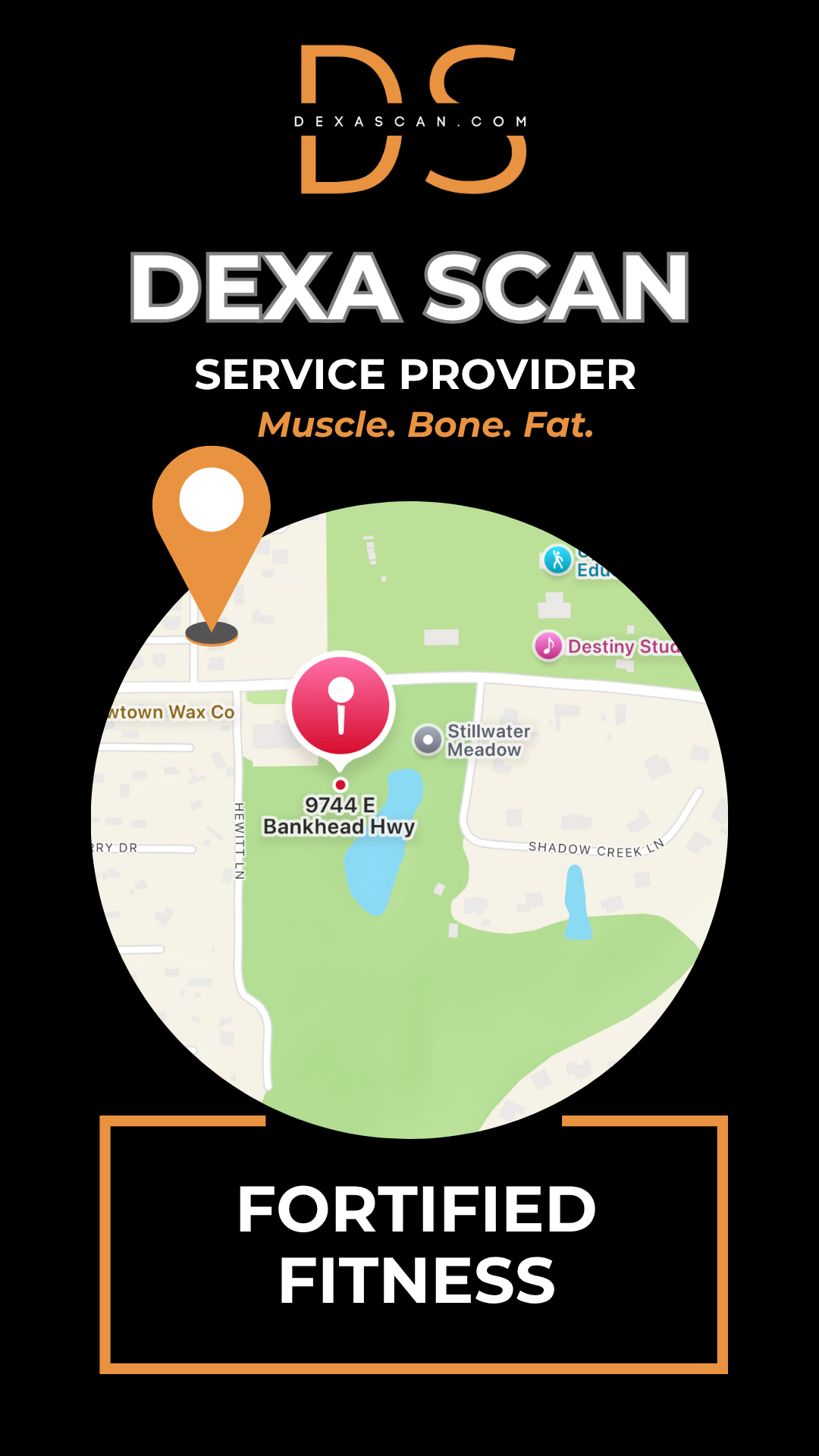 Dexa Scan service provider logo with map and text on a black background