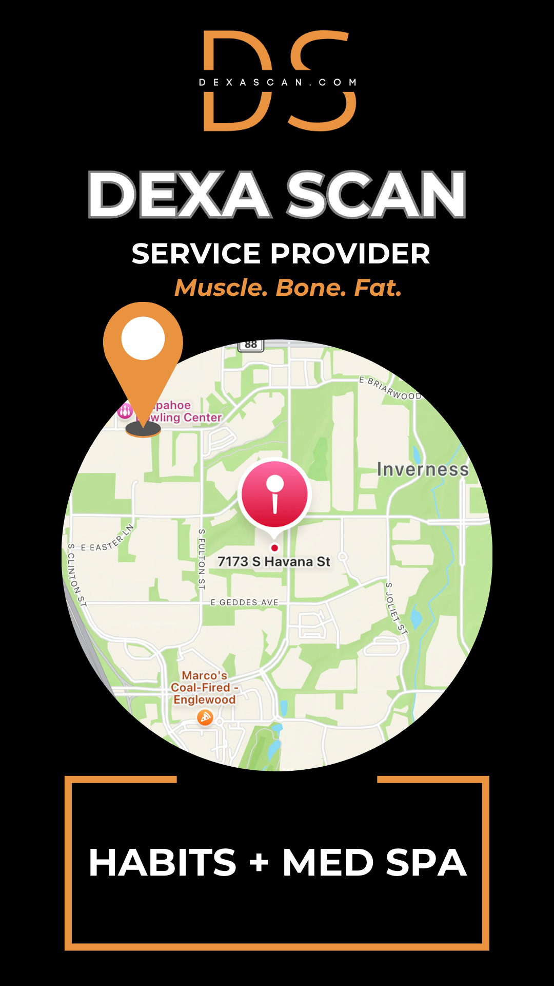 Dexa Scan service provider advertisement with map and branding elements on a black background