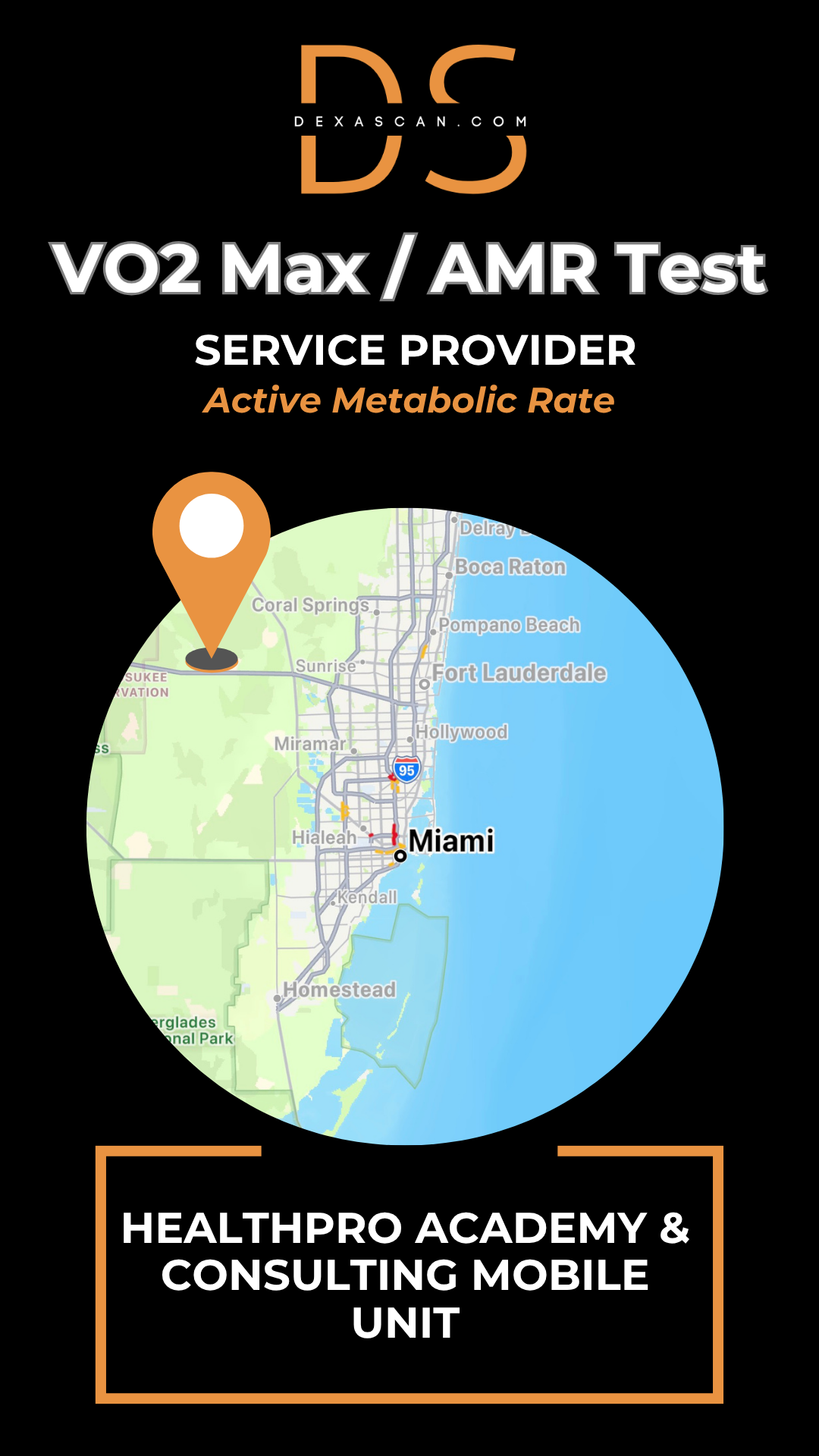 VO2 Max/AMR Test service provider with a map of Miami and branding elements.