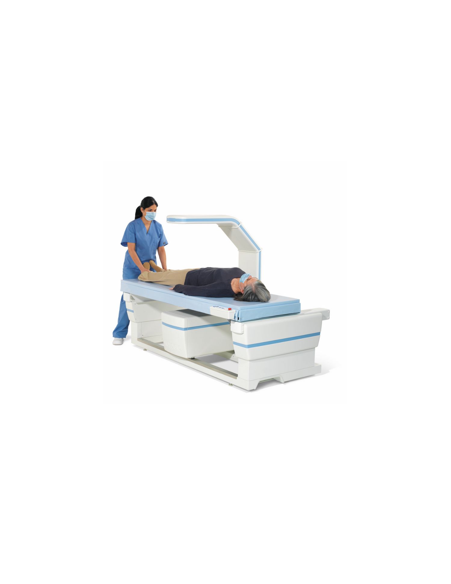 A medical assistant performing a bone density (DEXA) for body composition on a client. 