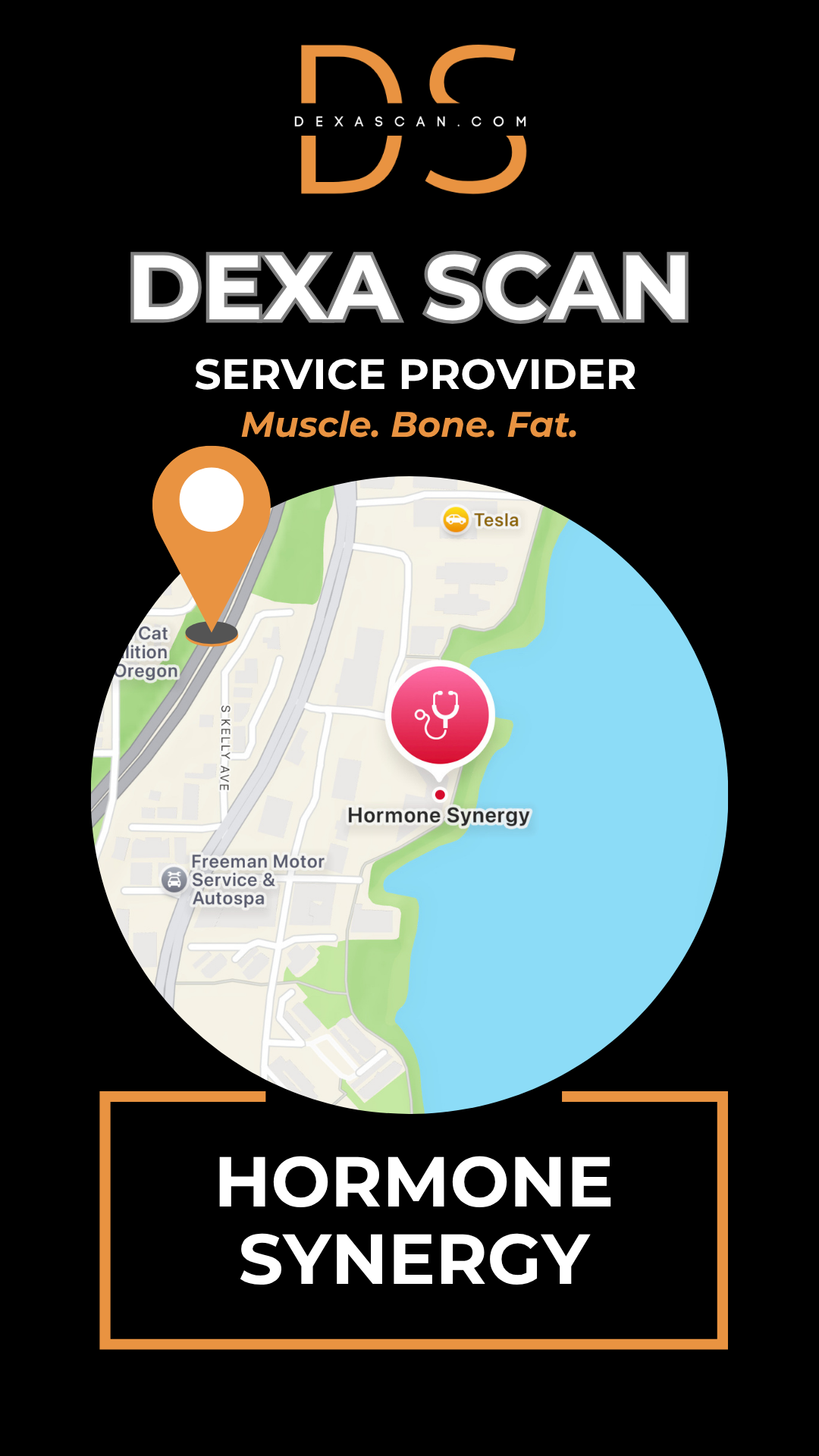 DEXA Scan service provider with map and branding elements on a black background