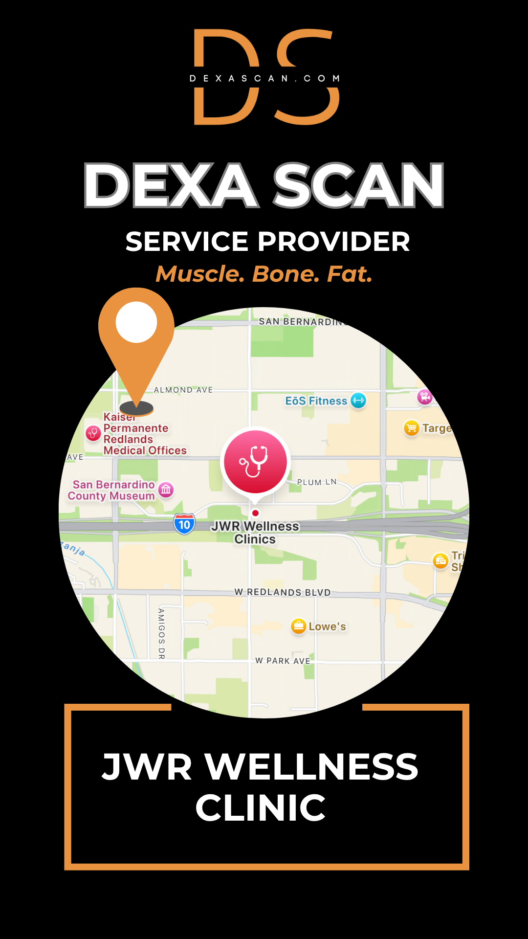 DEXA Scan service provider JWR Wellness Clinic with a map and location pin on a black background.