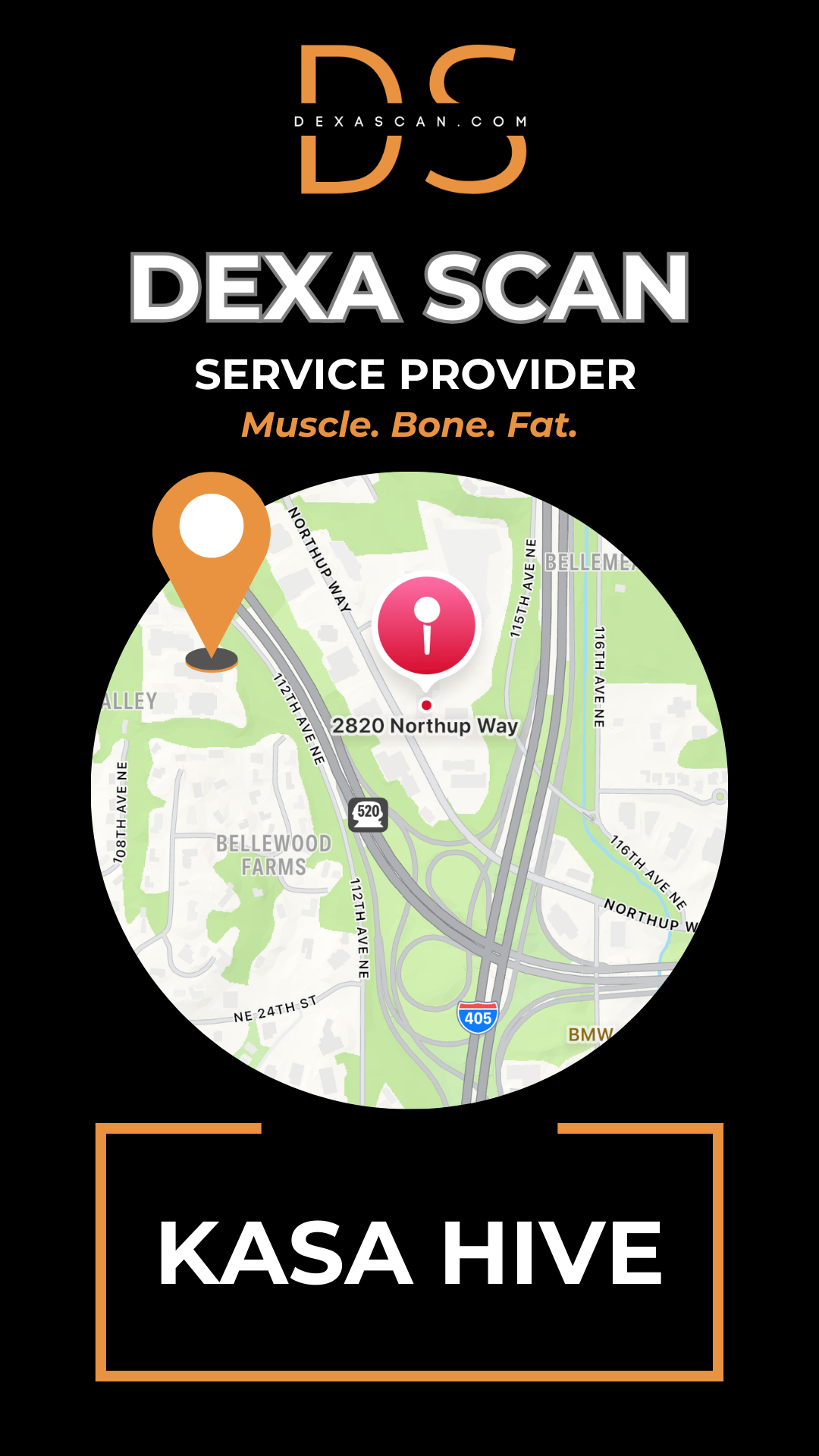 Advertisement for DEXA Scan service provider Kasa Hive with map and contact information.