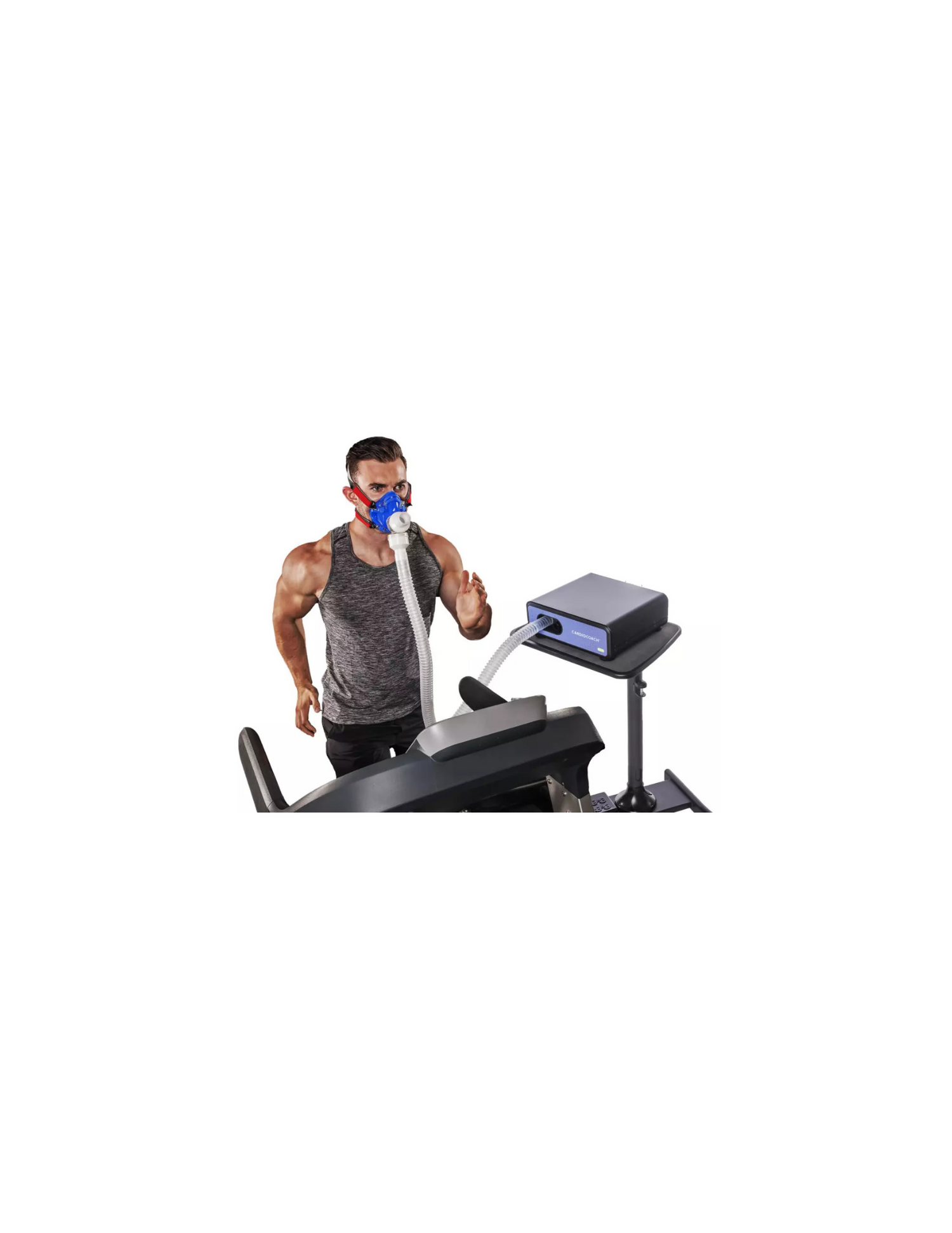 A male running on a treadmill while wearing a Vo2 to determine his cardiac health and improve his longevity. Find a location a DEXASCAN.COM