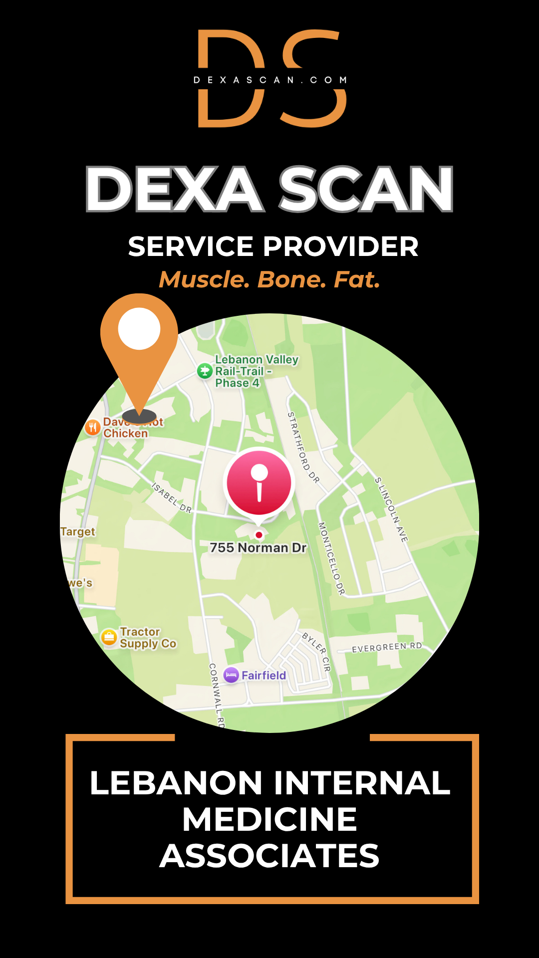 DEXA Scan service provider with map and contact information on a black background