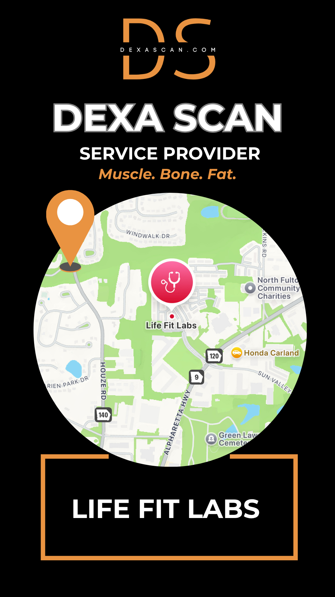 Map of a location with a pin and text about DEXA Scan service provider at Life Fit Labs.