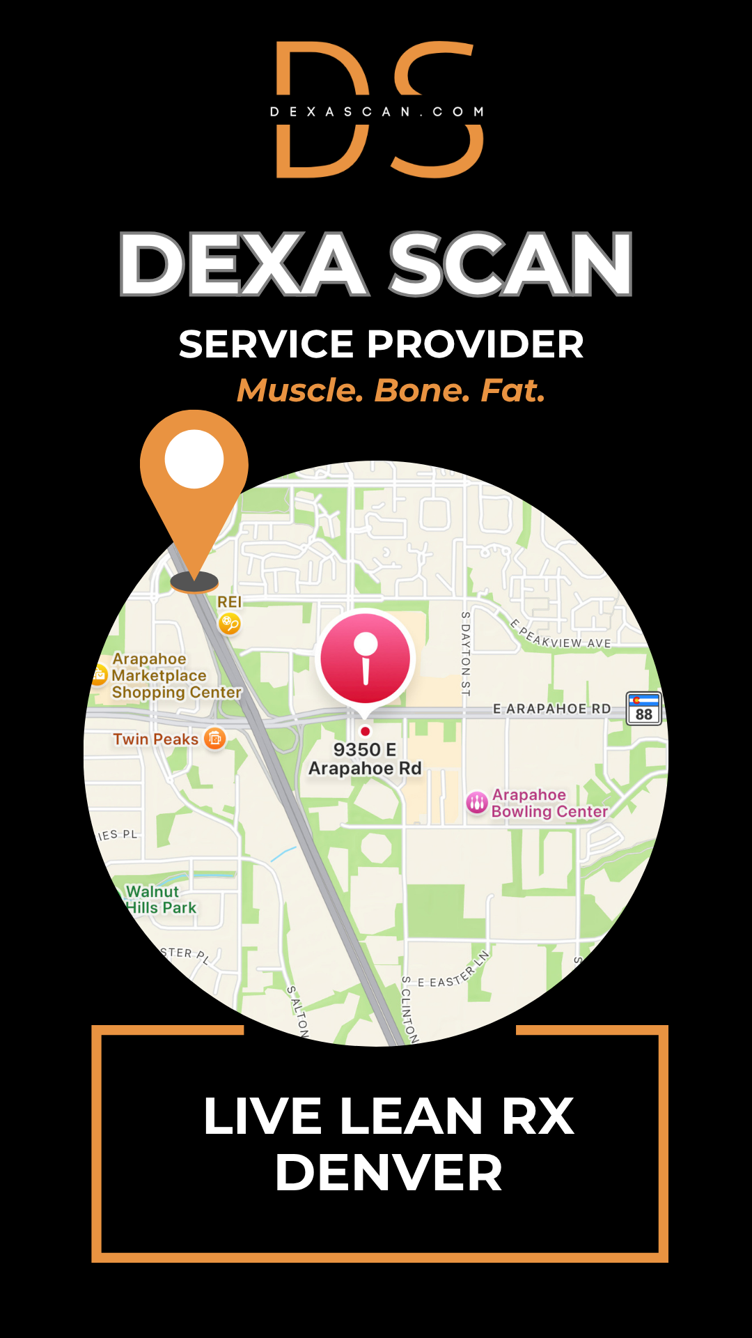 Dexa Scan service provider advertisement with map and location details on a black background