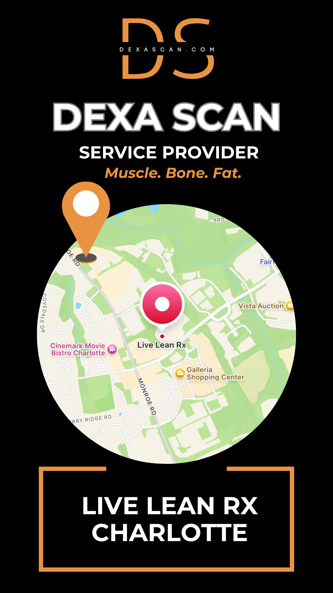 Dexa Scan service provider advertisement with map and branding elements on a black background