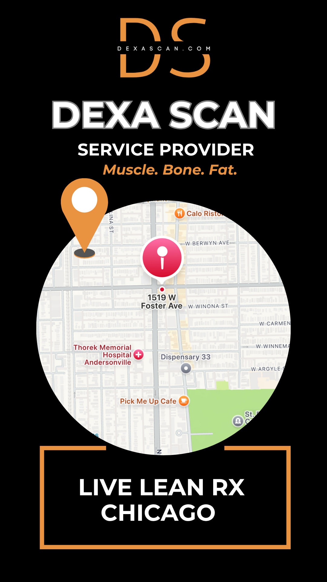 Dexa Scan service provider advertisement with map and branding elements on a black background