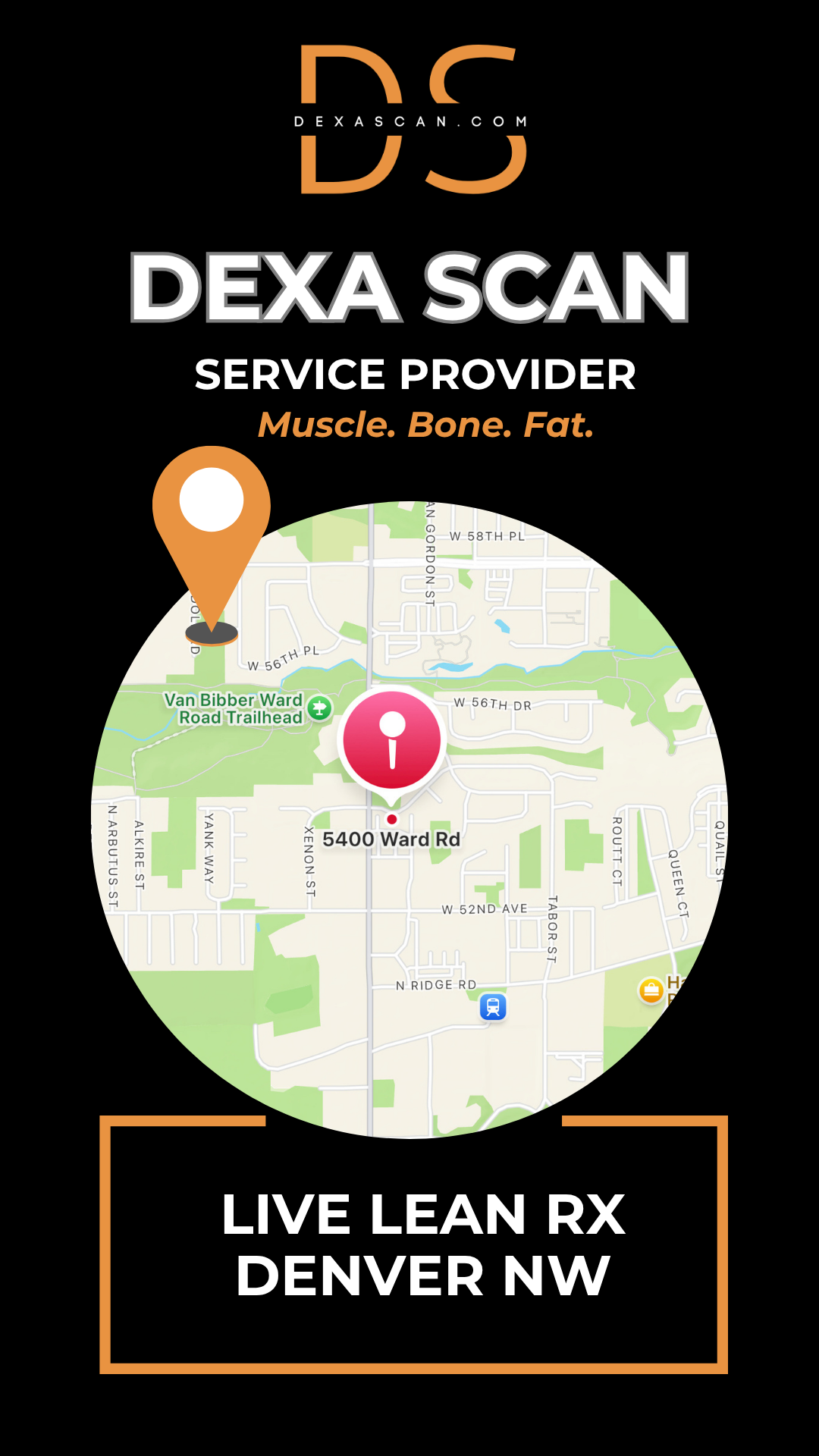 DEXA Scan service provider with map and contact information on a black background