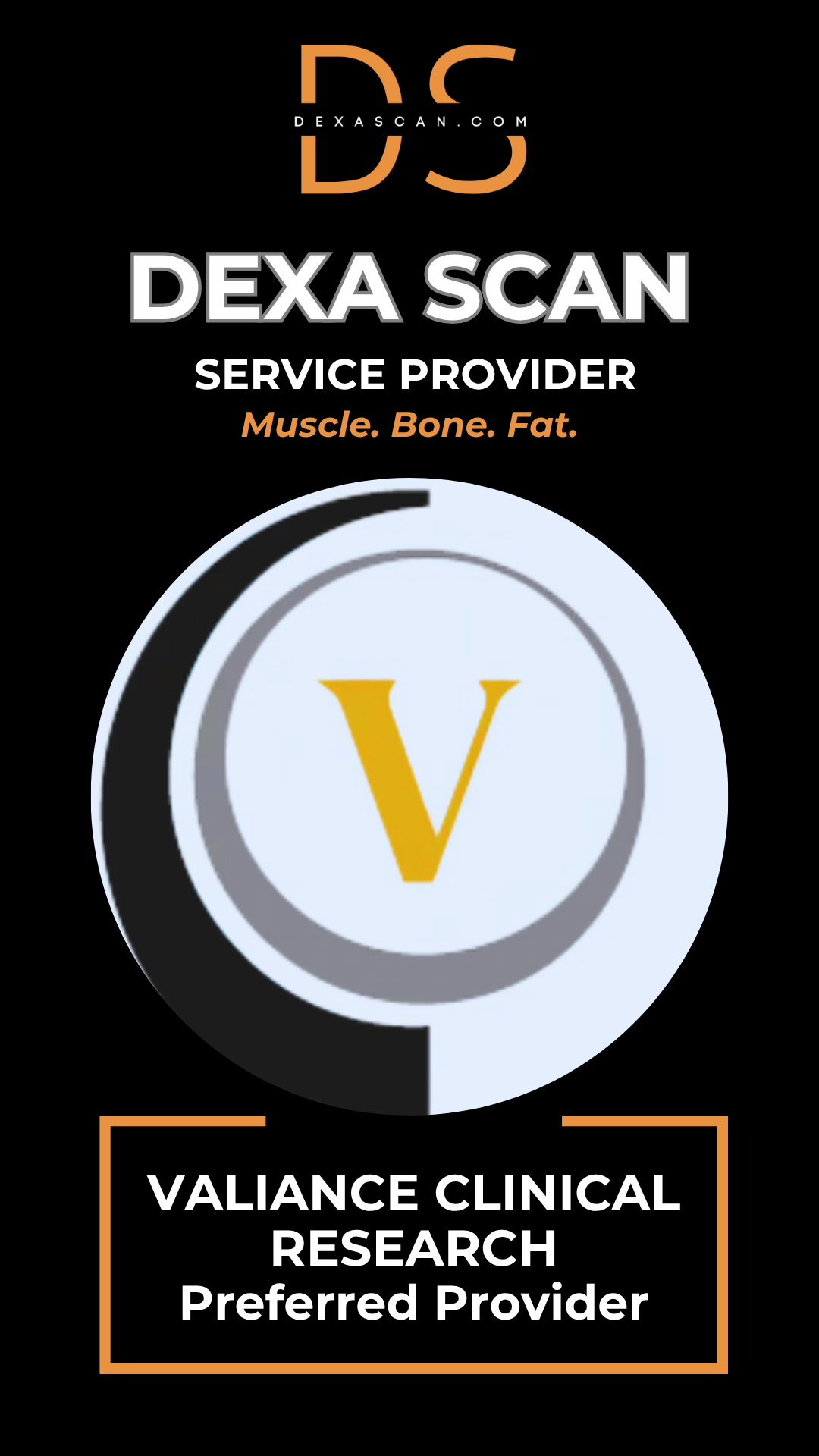 Dexa Scan service provider logo with Valiance Clinical Research on a black background