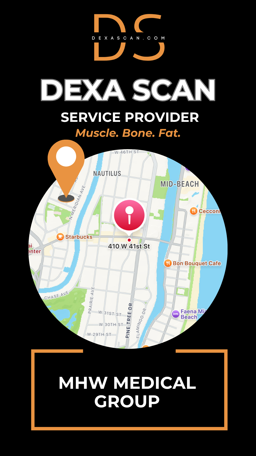Dexa Scan service provider logo with a map and branding elements on a black background