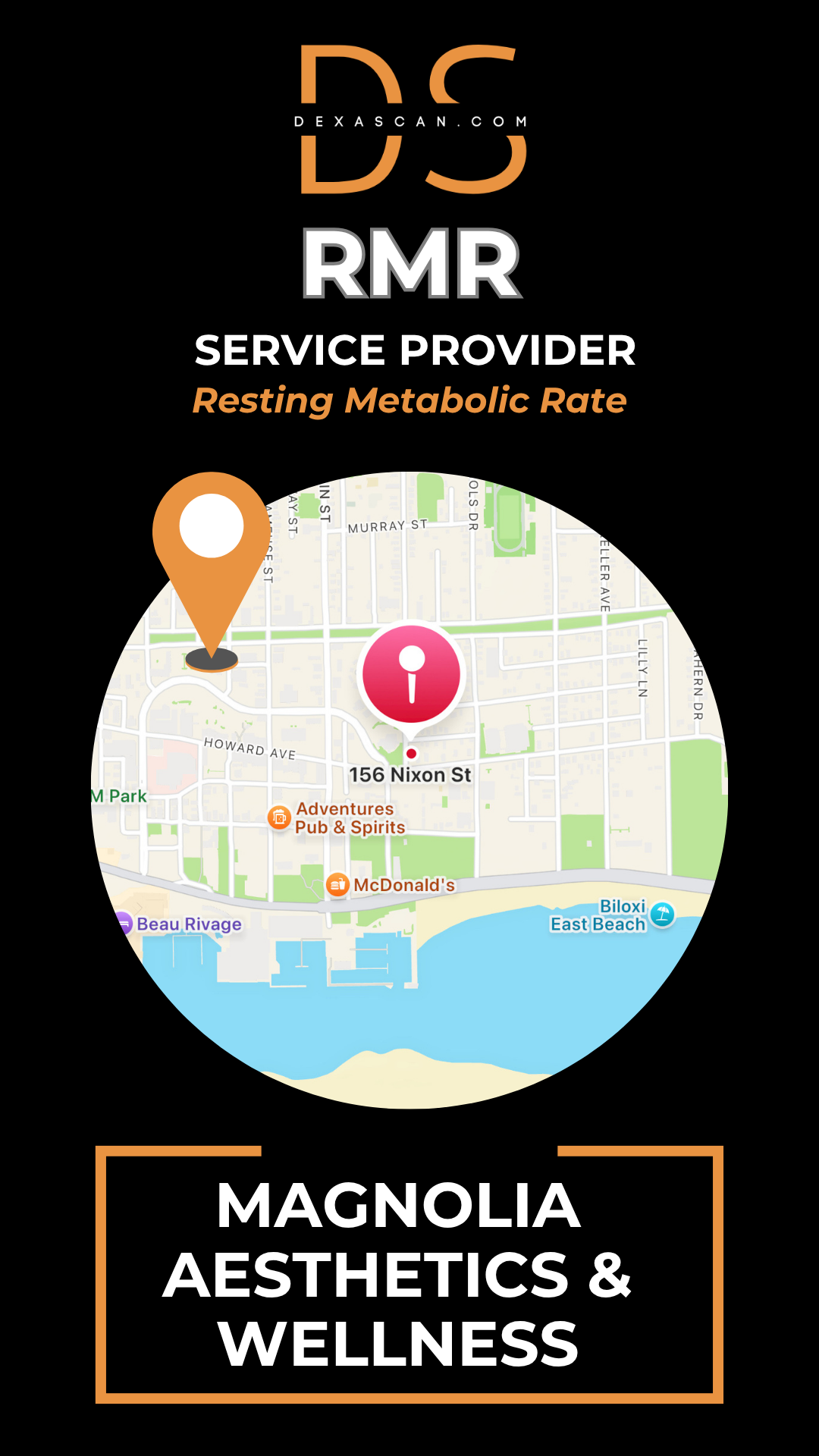 Advertisement for Resting Metabolic Rate service provider at Magnolia Aesthetics & Wellness with map icon and location details.