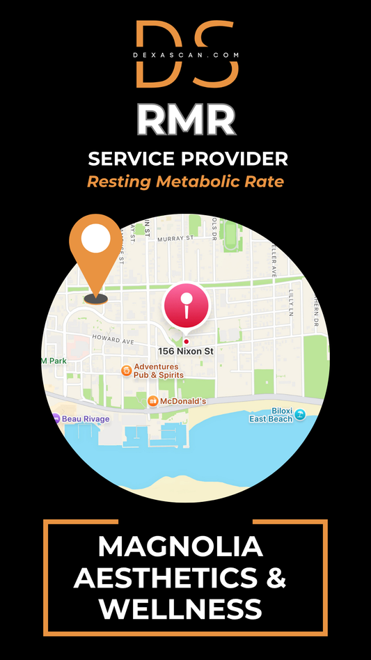 Advertisement for Resting Metabolic Rate service provider at Magnolia Aesthetics & Wellness with map icon and location details.