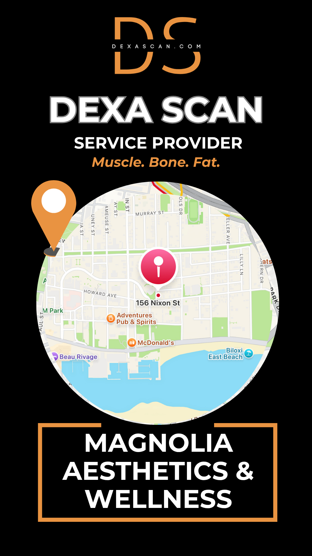 Advertisement for DEXA Scan service provider at Magnolia Aesthetics & Wellness with map icon and location details.
