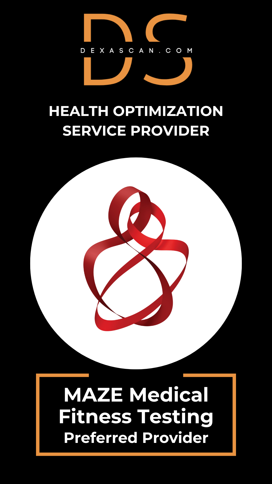 Logo and text for a health optimization service provider with a red and white design on a black background.