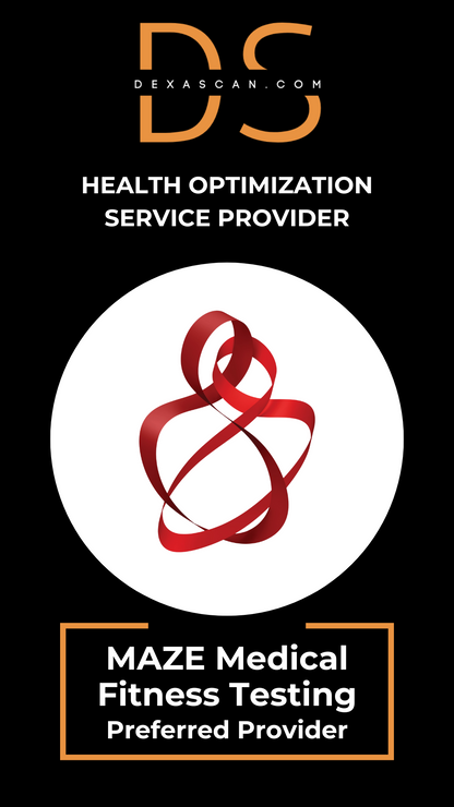 Logo and text for a health optimization service provider with a red and white design on a black background.