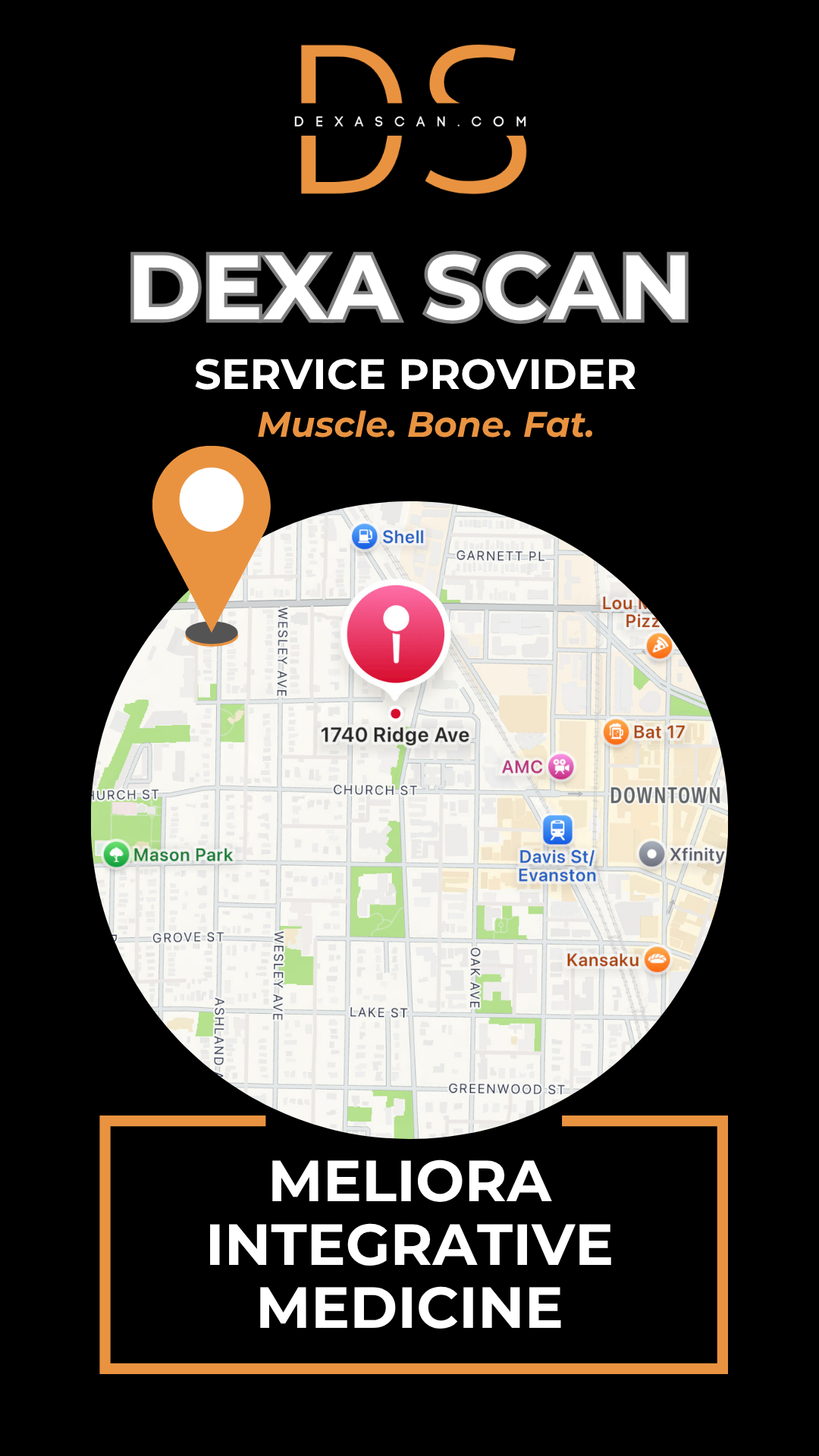 Dexa Scan service provider logo with a map graphic on a black background