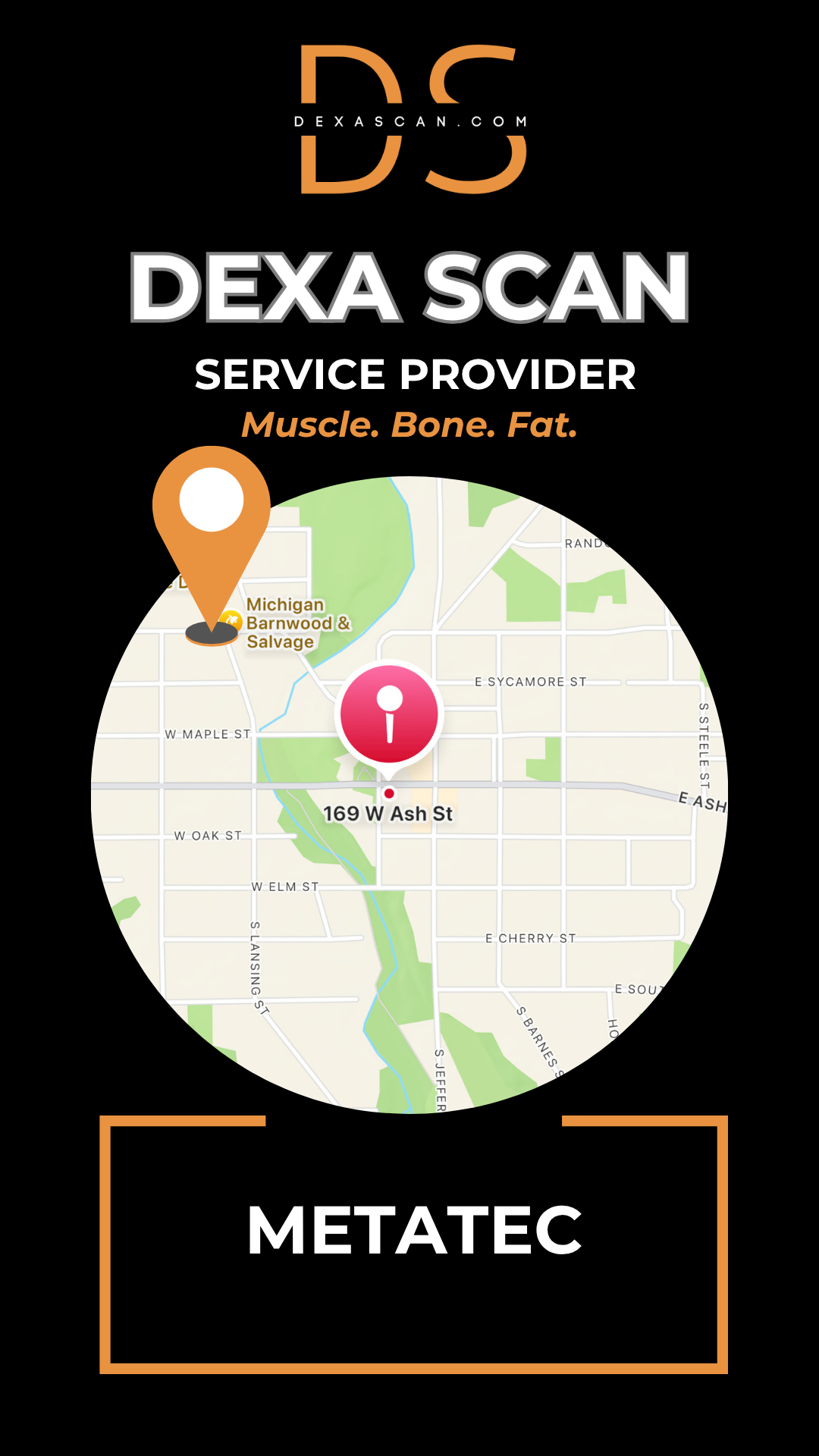Dexa Scan service provider advertisement with map and contact information on a black background
