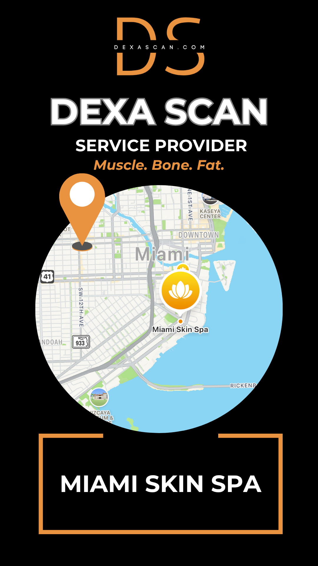 DEXA Scan service provider at Miami Skin Spa with map and location pin.