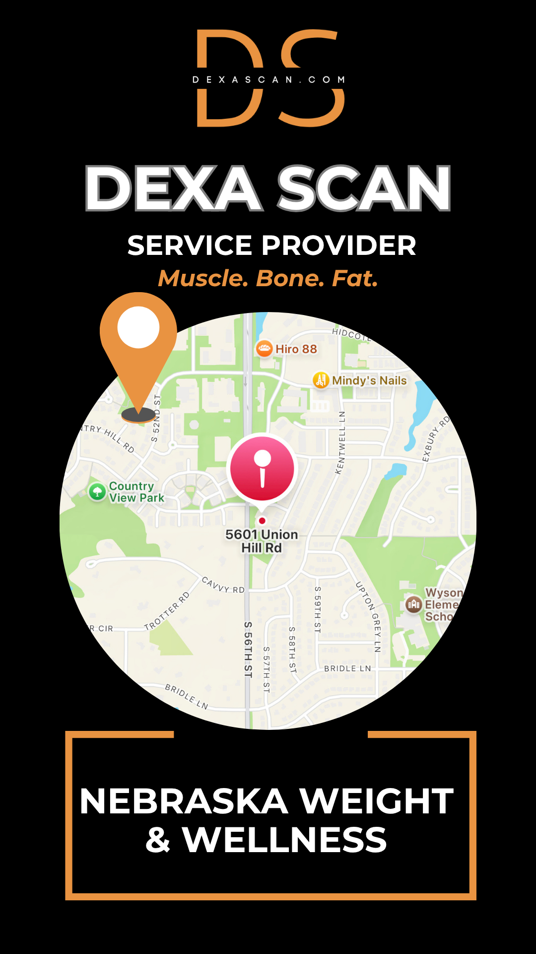 Map with location markers on a black background featuring 'Dexa Scan' branding.