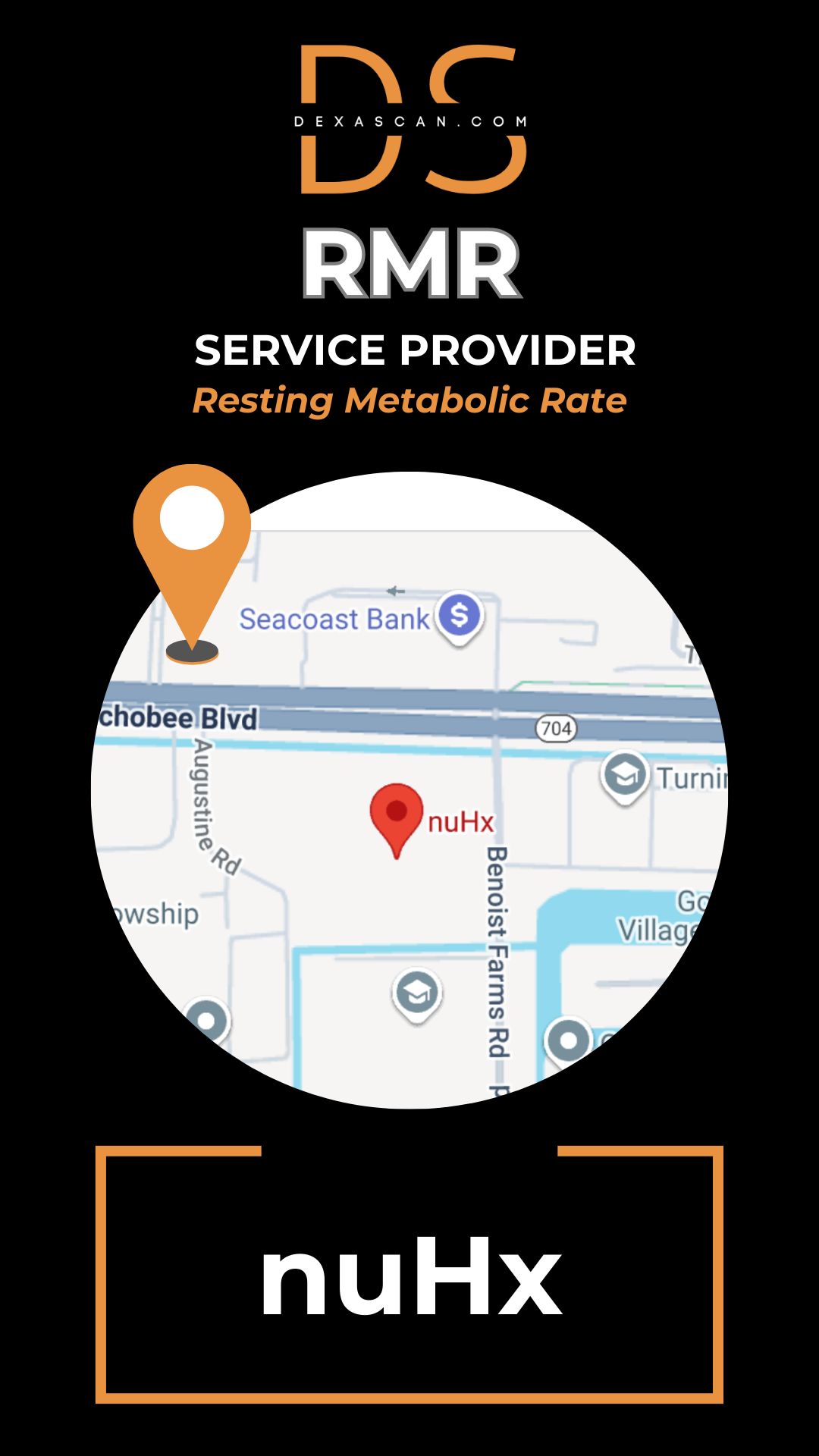 Map with location markers on a black background featuring 'nuHx' branding.