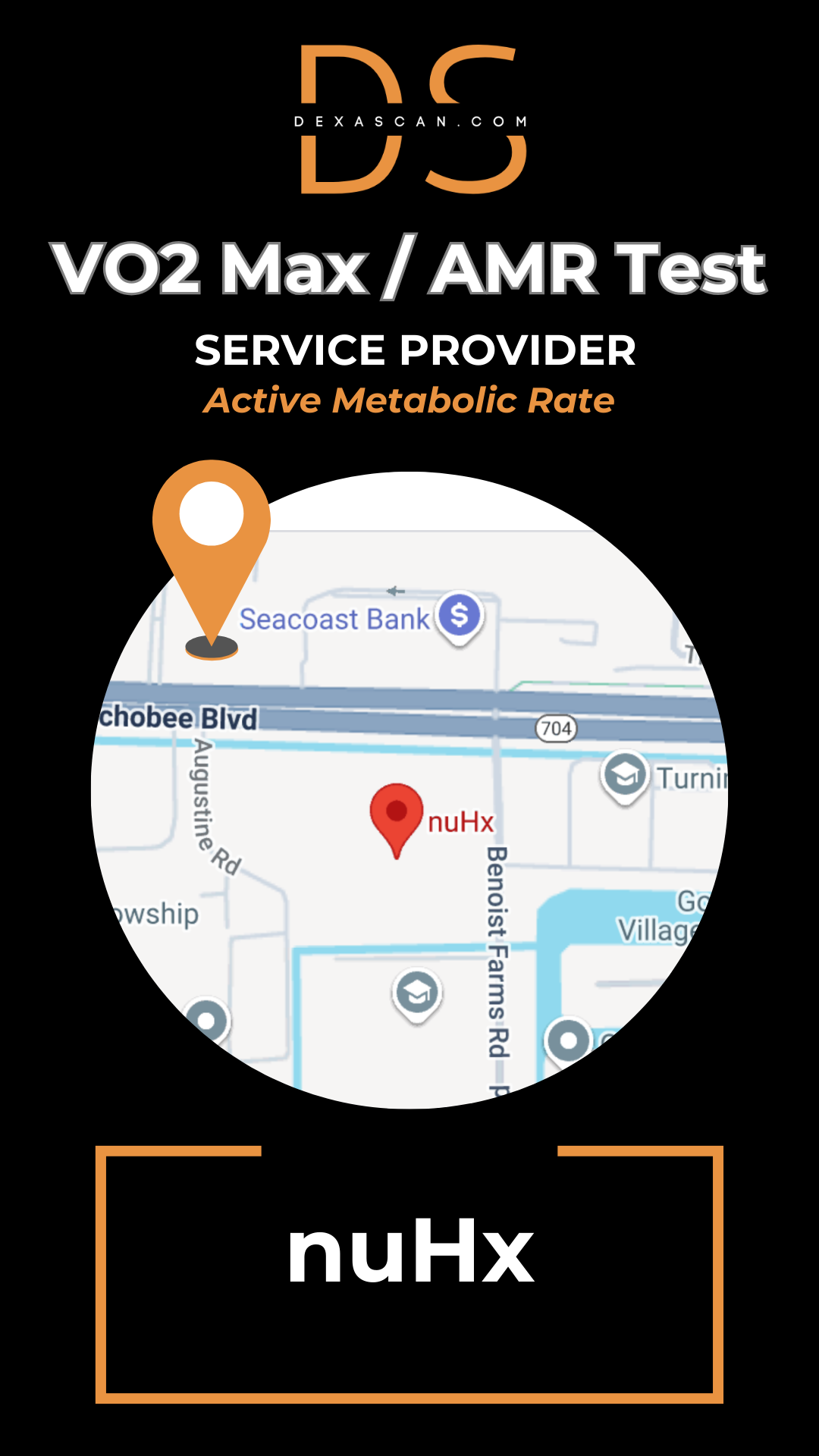 Advertisement for VO2 Max/AMR Test service provider nuHx with map and location pins on a black background.