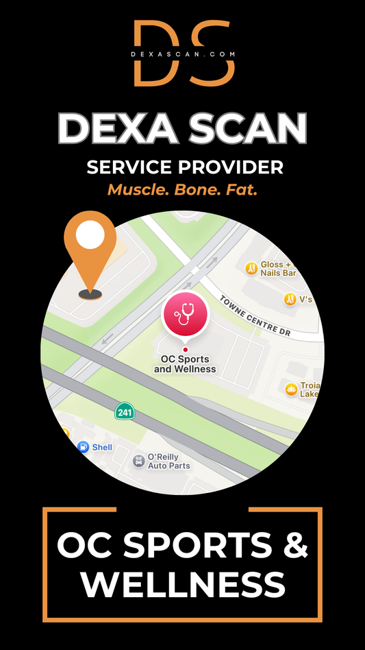 Dexa Scan service provider advertisement with map and branding elements on a black background