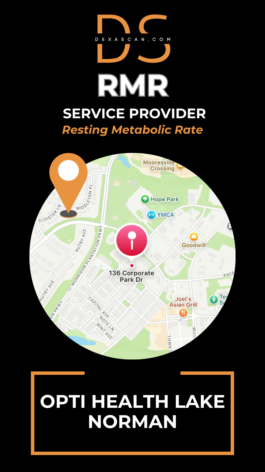 Map with location pin and text about RMR service provider Opti Health Lake Norman on a black background.
