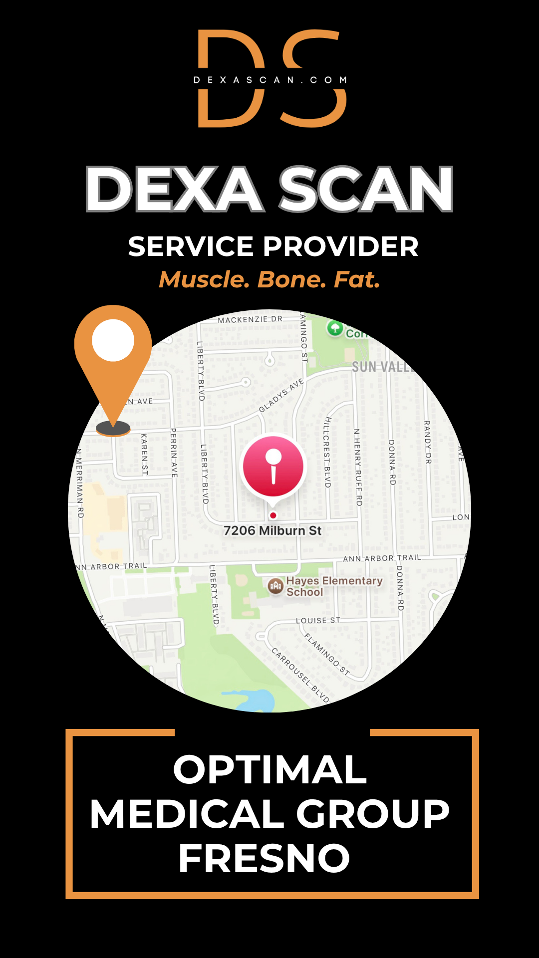 DEXA Scan service provider Optimal Medical Group Fresno on a black background with map icon.