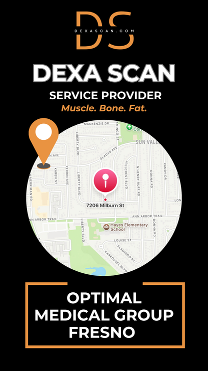DEXA Scan service provider Optimal Medical Group Fresno on a black background with map icon.