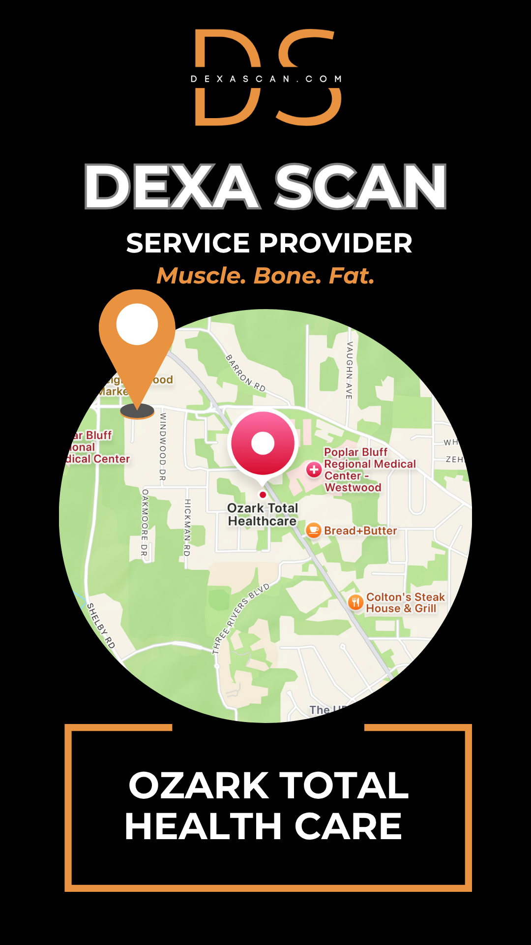 DEXA Scan service provider at Ozark Total Health Care with a map and location pin.