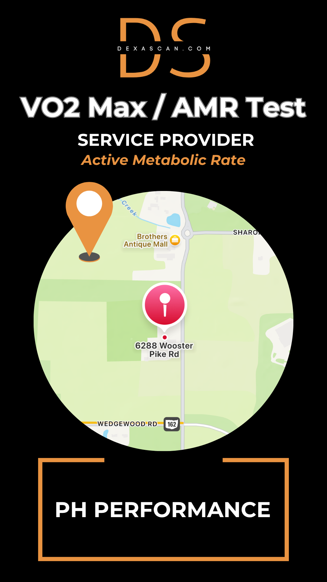 Map with location pin and text about VO2 Max/AMR Test service provider on a black background