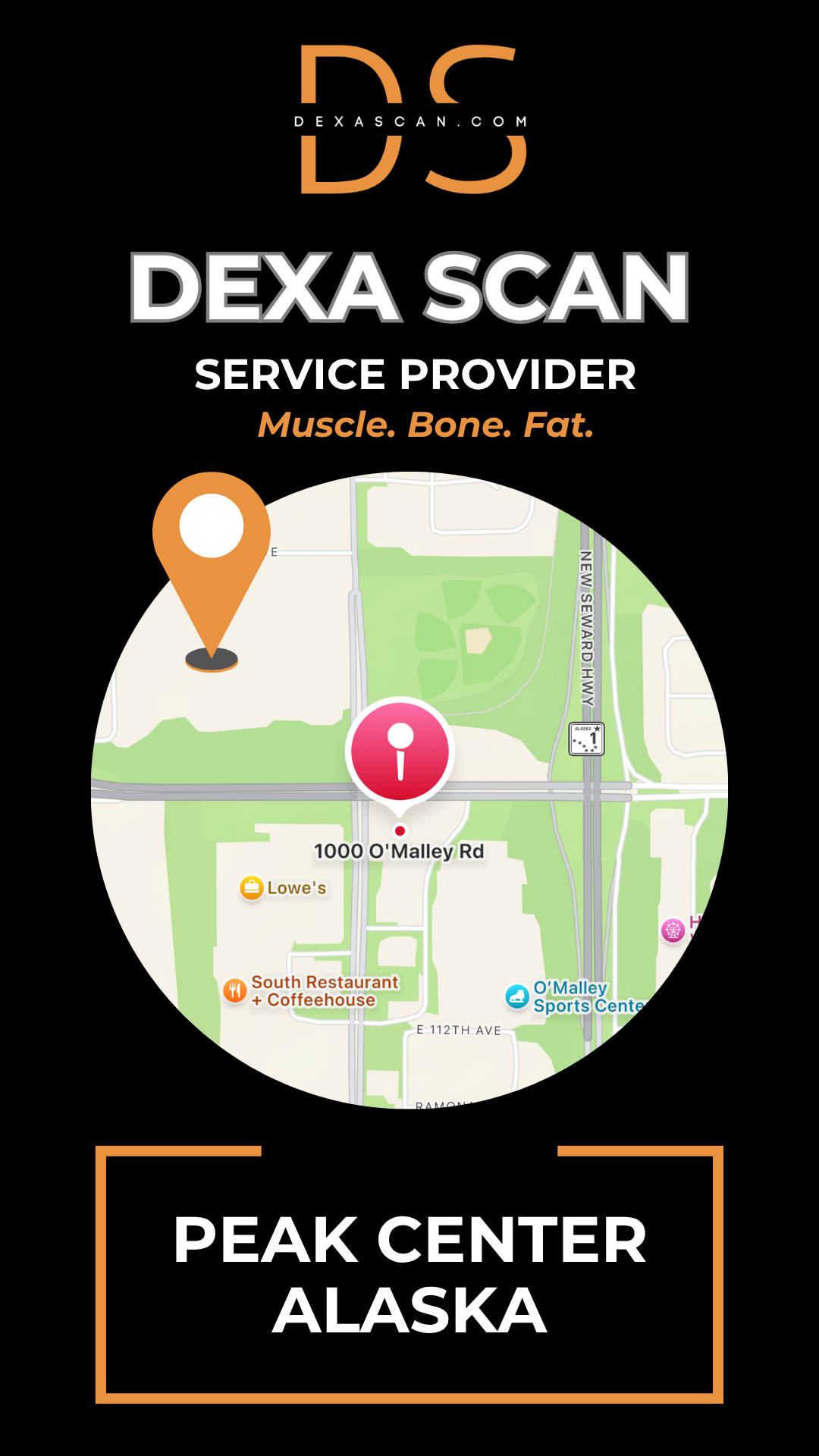 Dexa Scan service provider advertisement with map and branding elements on a black background