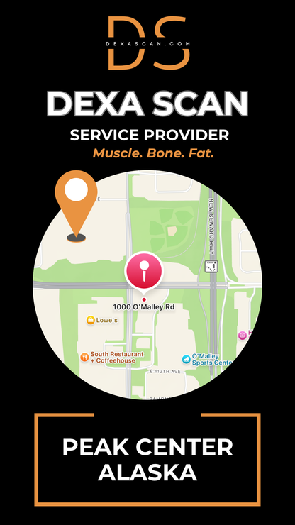 Dexa Scan service provider advertisement with map and branding elements on a black background