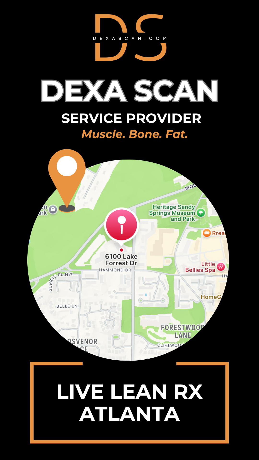 Dexa Scan service provider advertisement with map and contact information on a black background