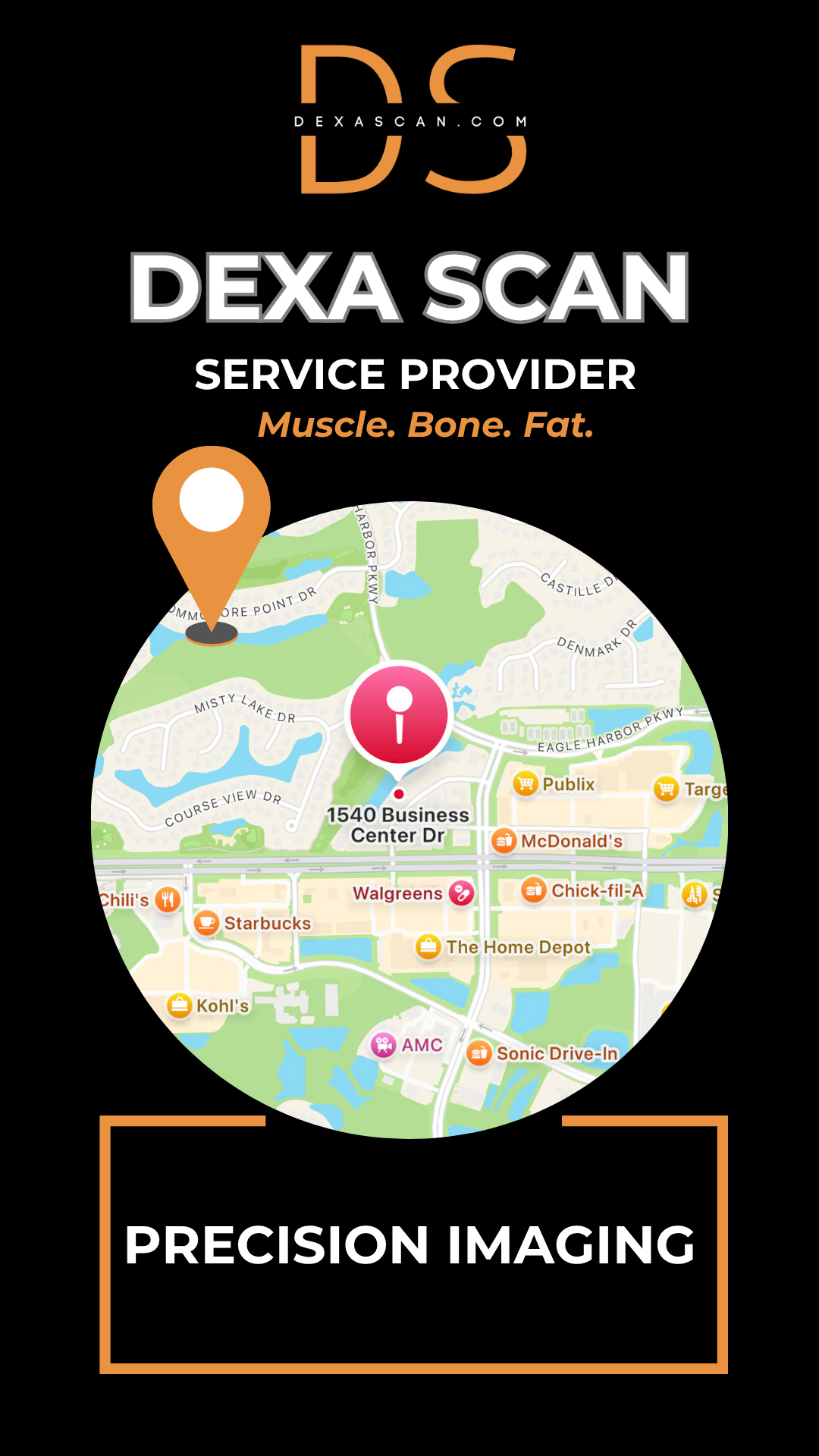 Dexa Scan service provider advertisement with map and branding elements on a black background