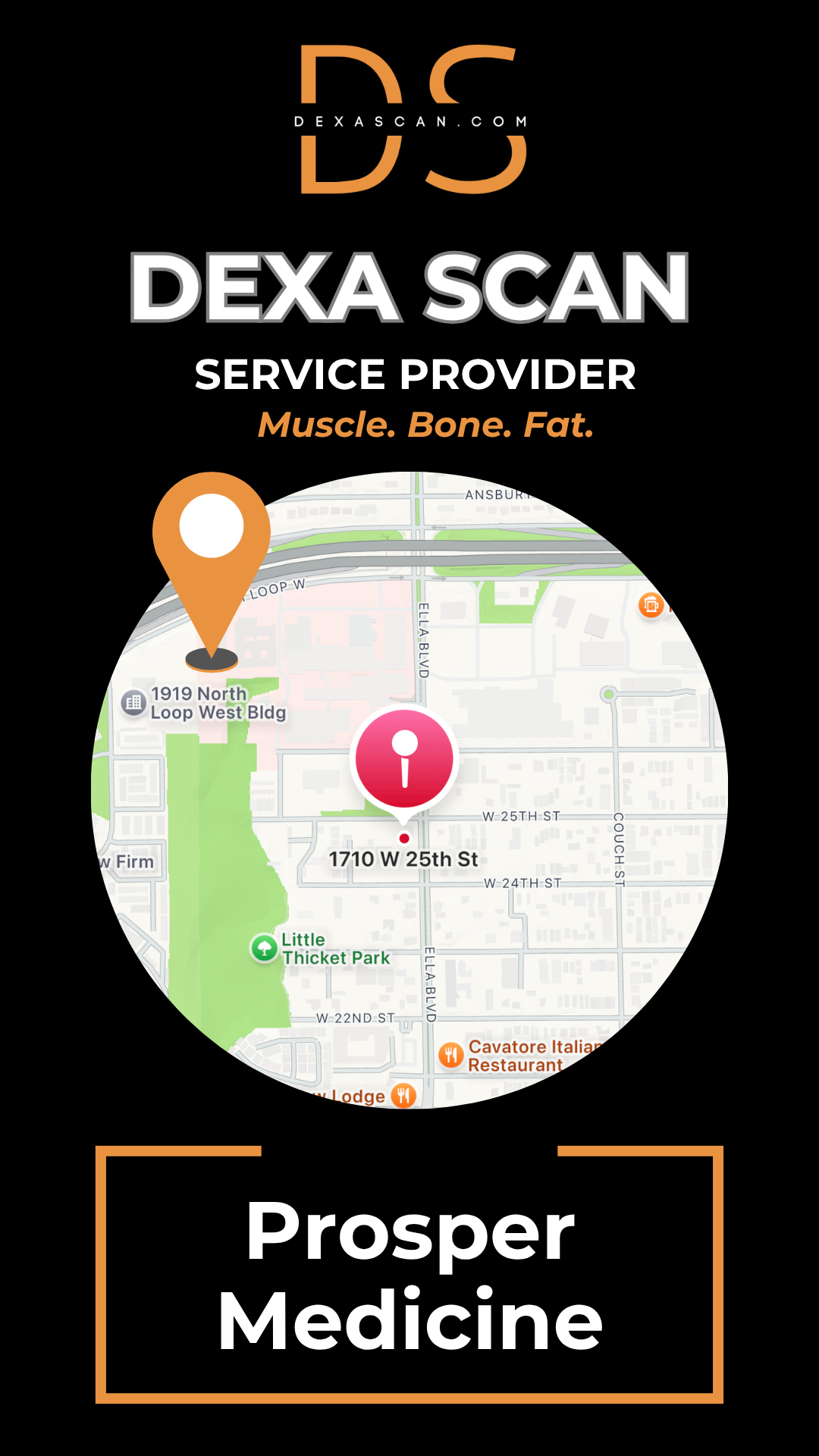 DEXA Scan service provider with map and branding elements.