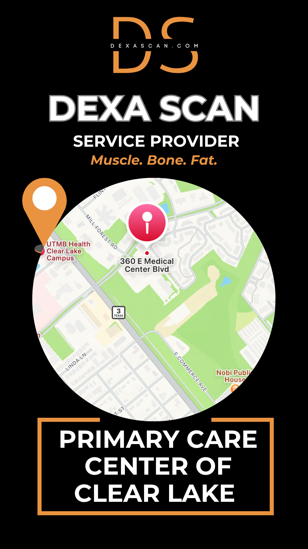 dexascan.com DEXA Scan service provider Primary Care Center of Clear Lake with location map and pin