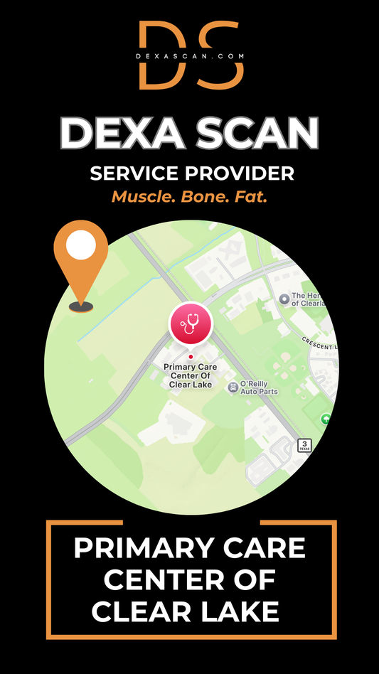 Map of Clear Lake with a location marker and text about DEXA Scan service provider.