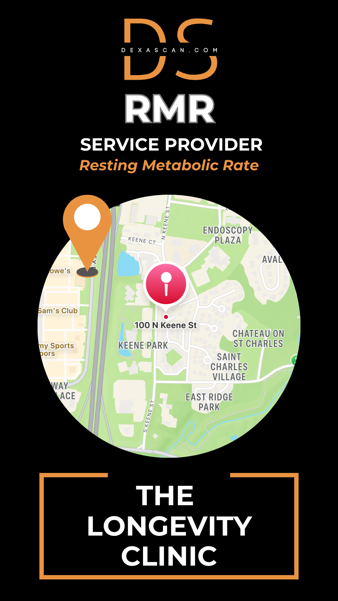Map of a location with a marker and text about RMR service provider at The Longevity Clinic on a black background.