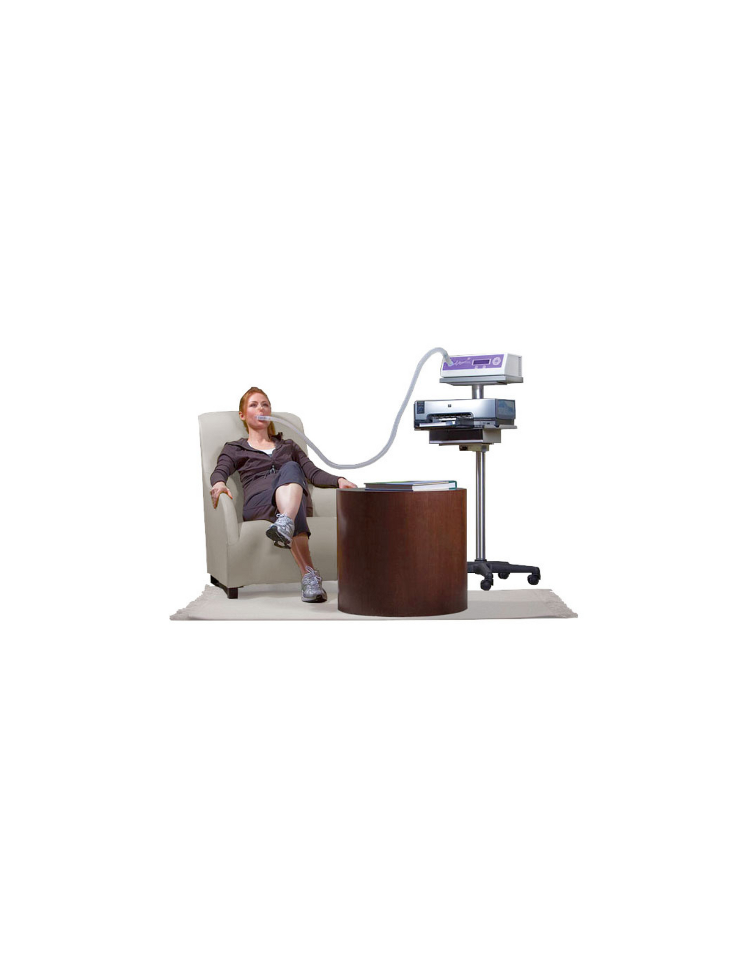 A women having an resting metabolic rate (RMR) test to determine her basic metabolic and calorie score. Find a provider of RMR at DEXASCAN.COM