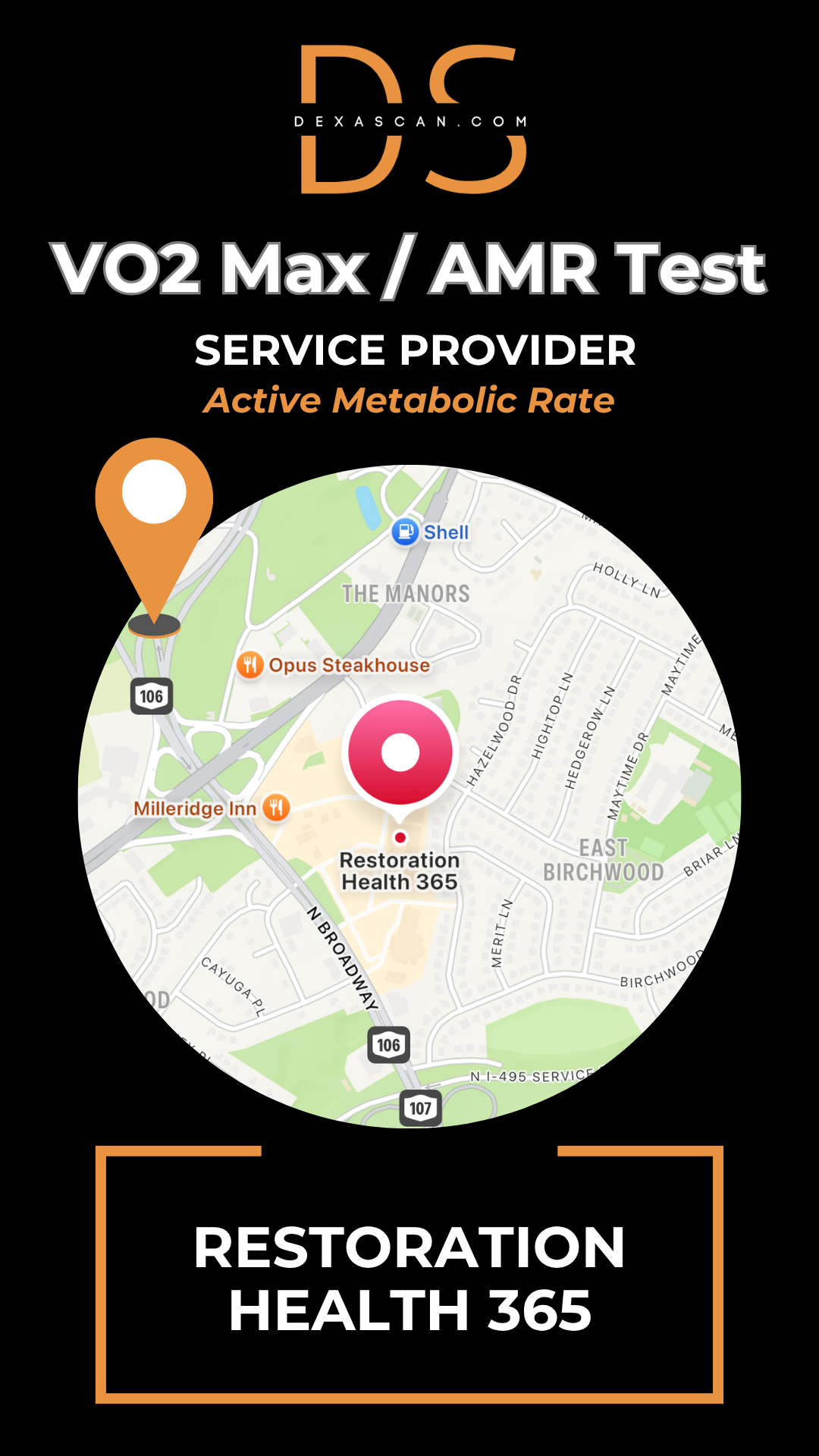 Map with location markers and 'Restoration Health 365' branding on a black background