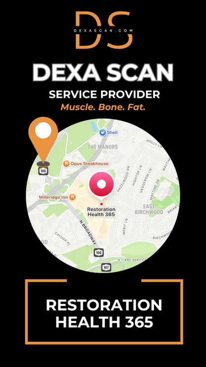 Dexa Scan service provider advertisement with map and branding elements on a black background