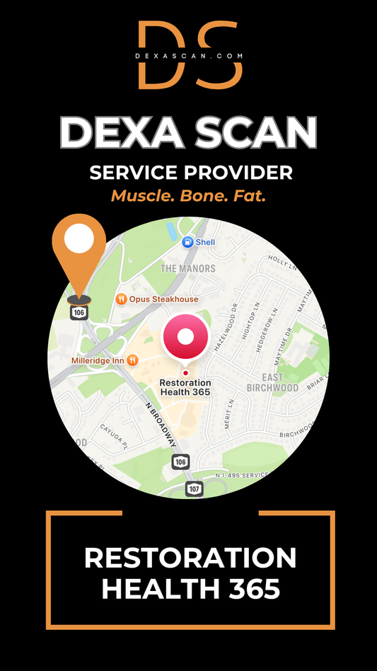 Dexa Scan service provider advertisement with map and branding elements on a black background